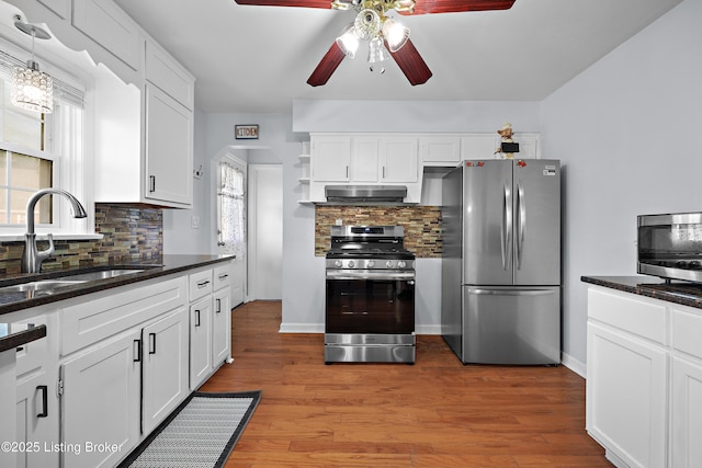 2301 Farnsley Rd, Louisville, KY 40216 - kitchen with appliances with stainless steel finishes, ceiling fan, under cabinet range hood, white cabinetry, and tasteful backsplash