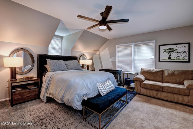 6011 Windsong Ct, Louisville, KY 40207 - carpeted bedroom featuring multiple windows, lofted ceiling, and ceiling fan