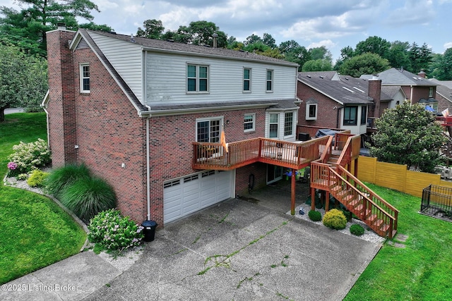 6011 Windsong Ct, Louisville, KY 40207 - back of house with a chimney, a deck, an attached garage, brick siding, and concrete driveway