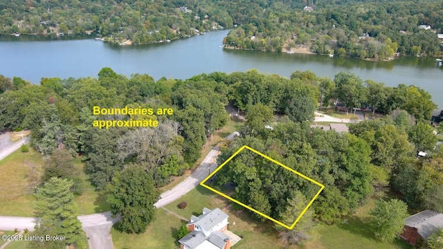 933 Lakeshore Pkwy, Brandenburg, KY 40108 - aerial overview of property's location with a forest and property parcel outlined