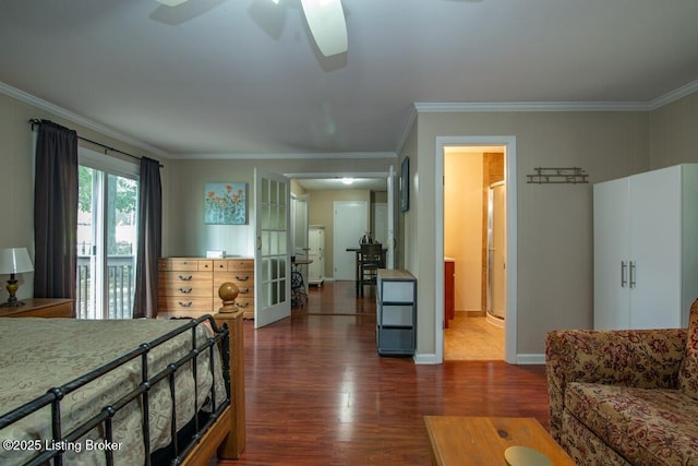 933 Lakeshore Pkwy, Brandenburg, KY 40108 - bedroom with dark wood finished floors, ornamental molding, access to outside, and ceiling fan