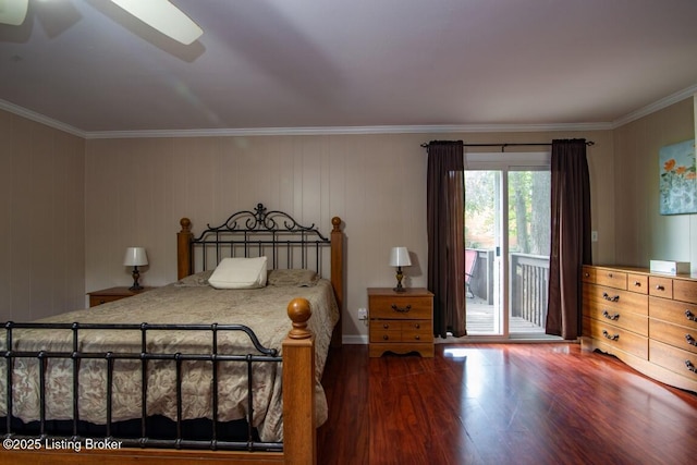 933 Lakeshore Pkwy, Brandenburg, KY 40108 - bedroom featuring access to exterior, wood finished floors, ornamental molding, and a ceiling fan
