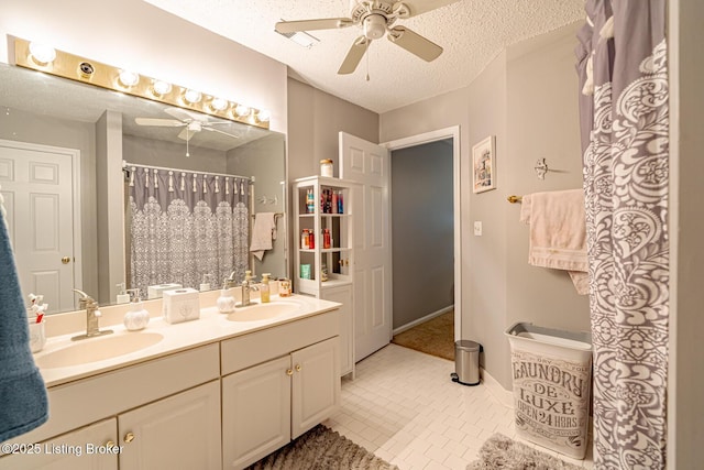 4101 Adelaide Ct, Louisville, KY 40241 - full bathroom featuring ceiling fan, double vanity, a textured ceiling, tile patterned floors, and a shower with shower curtain