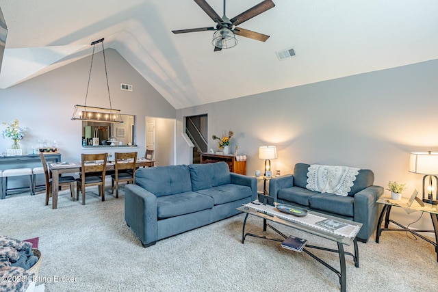 4101 Adelaide Ct, Louisville, KY 40241 - living area featuring carpet, a ceiling fan, and high vaulted ceiling