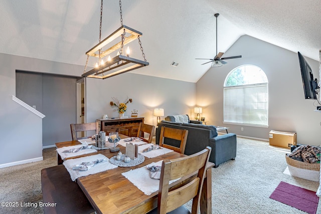 4101 Adelaide Ct, Louisville, KY 40241 - dining space with vaulted ceiling, carpet, a chandelier, and ceiling fan