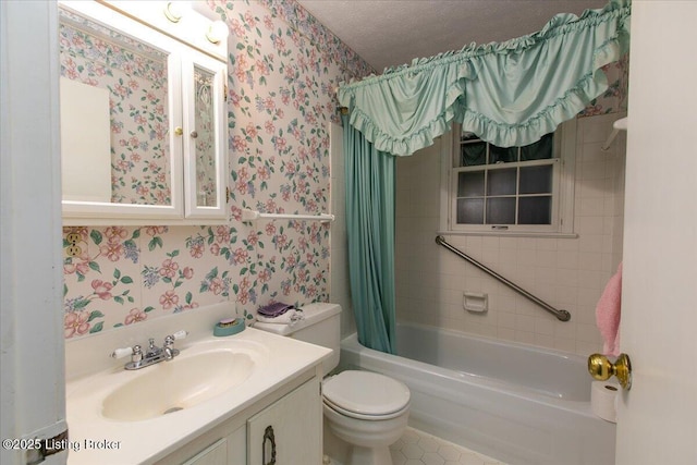 5709 Midnight Ln, Louisville, KY 40229 - bathroom with wallpapered walls, shower / tub combo, and vanity