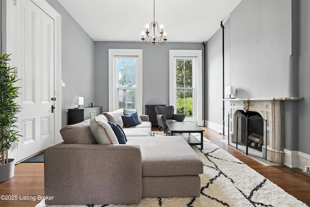 1080 Baxter Ave Unit 2, Louisville, KY 40204 - living room with a chandelier, radiator, wood finished floors, and a fireplace with flush hearth
