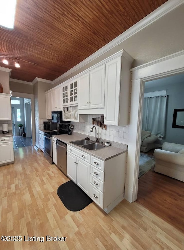 216 6th St, Carrollton, KY 41008 - kitchen with appliances with stainless steel finishes, ornamental molding, white cabinets, light wood-type flooring, and wood ceiling