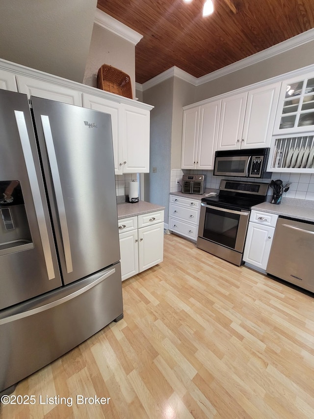 216 6th St, Carrollton, KY 41008 - kitchen with appliances with stainless steel finishes, crown molding, light wood finished floors, white cabinets, and wood ceiling