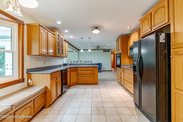 520 Ponder Dr, Shelbyville, KY 40065 - kitchen featuring black appliances, a peninsula, glass insert cabinets, tasteful backsplash, and decorative light fixtures