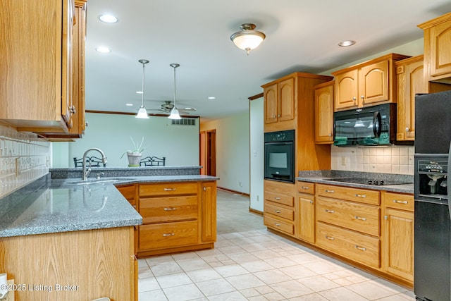 520 Ponder Dr, Shelbyville, KY 40065 - kitchen featuring black appliances, tasteful backsplash, light tile patterned floors, a peninsula, and recessed lighting
