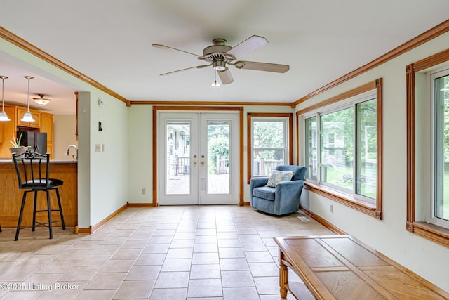 520 Ponder Dr, Shelbyville, KY 40065 - doorway to outside featuring french doors, a ceiling fan, crown molding, and light tile patterned floors