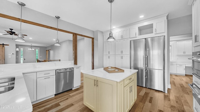 120 Lakelynn Ln, Shelbyville, KY 40065 - kitchen with stainless steel appliances, ceiling fan, light wood-type flooring, recessed lighting, and light countertops