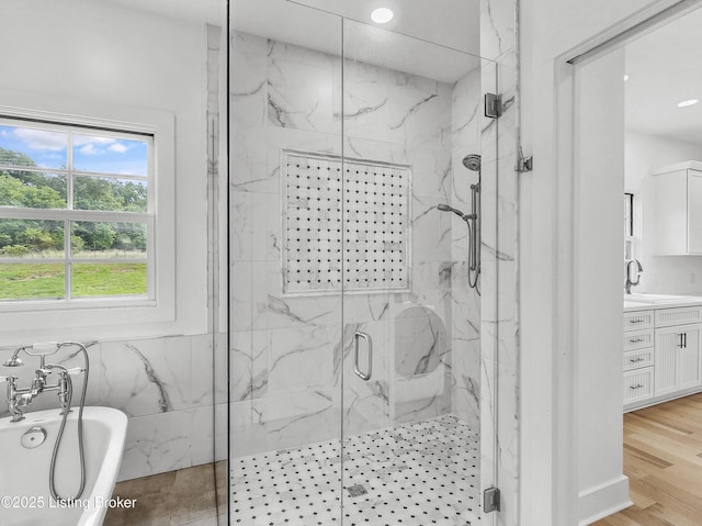 120 Lakelynn Ln, Shelbyville, KY 40065 - bathroom featuring a marble finish shower, a soaking tub, vanity, and recessed lighting