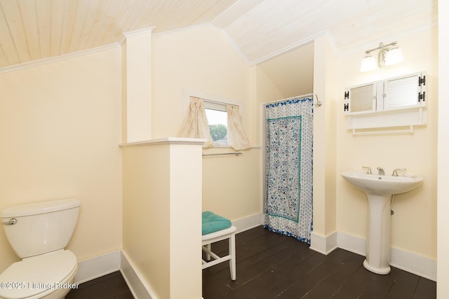 2309 Payne St, Louisville, KY 40206 - bathroom with wood finished floors, vaulted ceiling, curtained shower, and wood ceiling