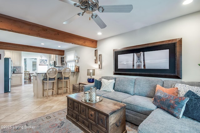 4025 Elmwood Ave, Louisville, KY 40207 - living room with recessed lighting, light tile patterned flooring, ceiling fan, and beam ceiling