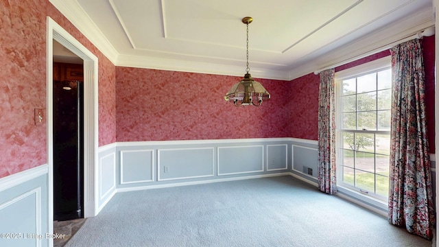 1810 Bainbridge Row Dr, Louisville, KY 40207 - unfurnished dining area featuring a wainscoted wall, carpet, wallpapered walls, a chandelier, and a decorative wall