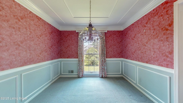 1810 Bainbridge Row Dr, Louisville, KY 40207 - unfurnished dining area featuring a chandelier, wainscoting, wallpapered walls, carpet floors, and ornamental molding