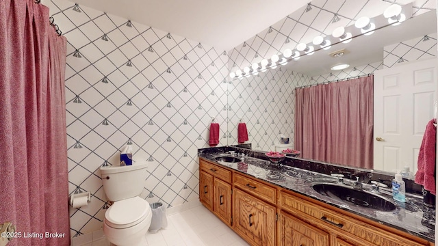 1810 Bainbridge Row Dr, Louisville, KY 40207 - bathroom with double vanity, tile patterned flooring, and a shower with curtain
