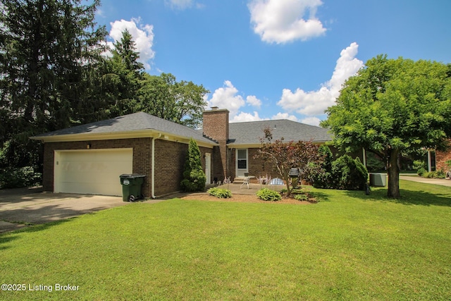 1810 Bainbridge Row Dr, Louisville, KY 40207 - ranch-style home featuring an attached garage, a front lawn, driveway, a chimney, and brick siding