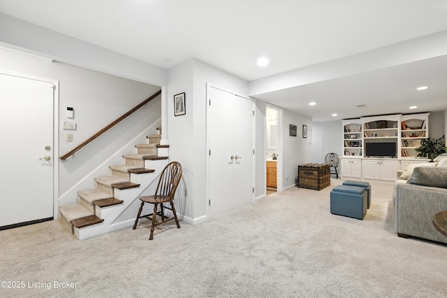1375 Waxwing Pl, Louisville, KY 40223 - carpeted living room featuring stairs and recessed lighting