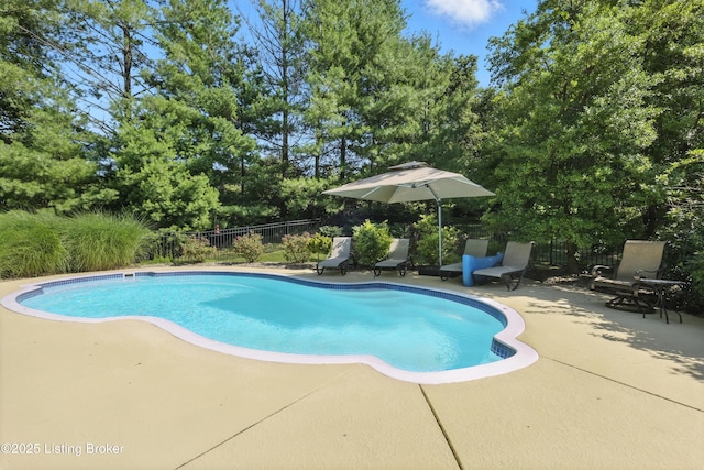 1375 Waxwing Pl, Louisville, KY 40223 - view of swimming pool with a patio, a fenced backyard, and view of wooded area