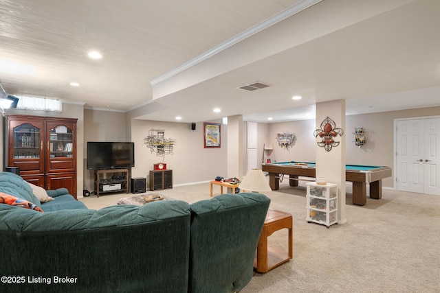 11731 Paramont Way, Prospect, KY 40059 - living area featuring crown molding, light carpet, pool table, and recessed lighting