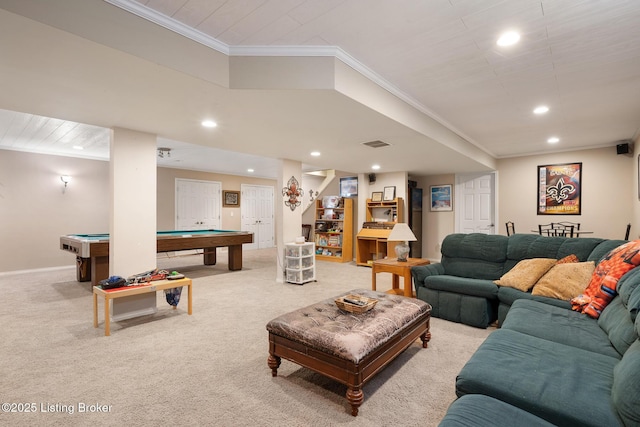 11731 Paramont Way, Prospect, KY 40059 - living area with crown molding, light carpet, recessed lighting, and billiards