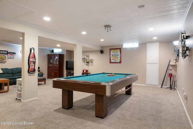11731 Paramont Way, Prospect, KY 40059 - recreation room with light colored carpet, ornamental molding, recessed lighting, and pool table