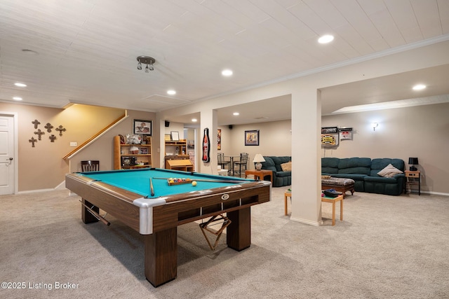 11731 Paramont Way, Prospect, KY 40059 - game room with light carpet, billiards table, crown molding, and recessed lighting
