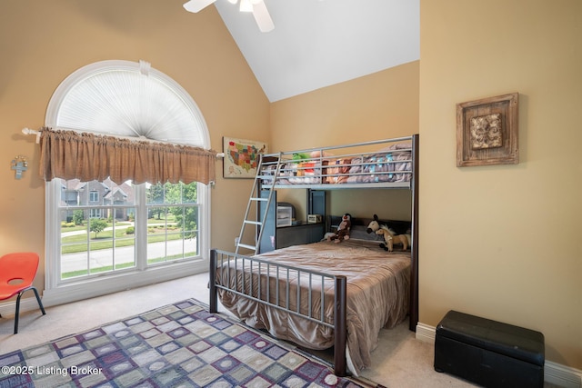 11731 Paramont Way, Prospect, KY 40059 - bedroom with carpet, high vaulted ceiling, and a ceiling fan