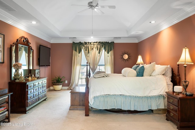 11731 Paramont Way, Prospect, KY 40059 - bedroom featuring light colored carpet, a raised ceiling, ornamental molding, recessed lighting, and a ceiling fan