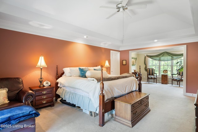 11731 Paramont Way, Prospect, KY 40059 - bedroom with light colored carpet, crown molding, recessed lighting, a raised ceiling, and ceiling fan