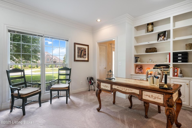 11731 Paramont Way, Prospect, KY 40059 - office area with light colored carpet, crown molding, built in shelves, and recessed lighting