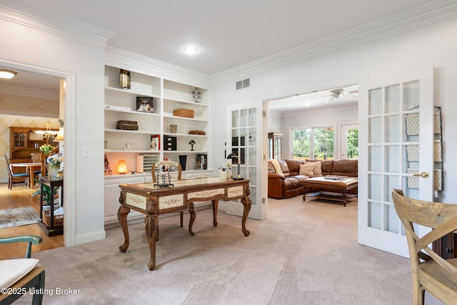 11731 Paramont Way, Prospect, KY 40059 - office area featuring french doors, crown molding, light colored carpet, and ceiling fan