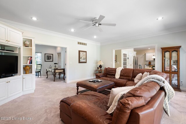 11731 Paramont Way, Prospect, KY 40059 - living room with ornamental molding, light colored carpet, ceiling fan, and recessed lighting