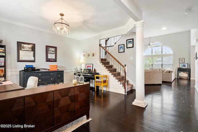 18007 Ellerslie Dr, Louisville, KY 40245 - office area featuring decorative columns, dark wood-style floors, ornamental molding, a chandelier, and recessed lighting