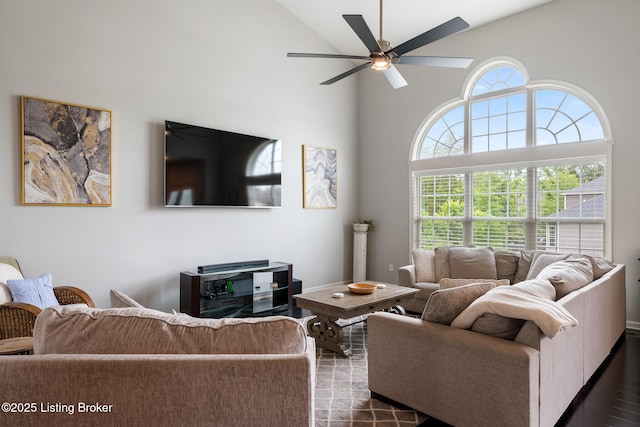 18007 Ellerslie Dr, Louisville, KY 40245 - living area with high vaulted ceiling, plenty of natural light, a ceiling fan, and dark wood-style flooring