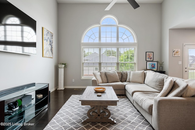 18007 Ellerslie Dr, Louisville, KY 40245 - living room featuring a ceiling fan, dark wood finished floors, and a towering ceiling