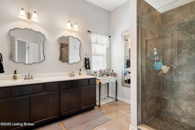 18007 Ellerslie Dr, Louisville, KY 40245 - bathroom with a stall shower, double vanity, and tile patterned floors
