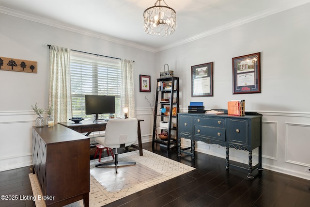 18007 Ellerslie Dr, Louisville, KY 40245 - office area featuring dark wood-style floors, a chandelier, crown molding, a wainscoted wall, and a decorative wall
