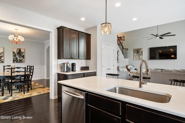 18007 Ellerslie Dr, Louisville, KY 40245 - kitchen featuring a chandelier, dishwasher, decorative light fixtures, dark brown cabinets, and ornamental molding
