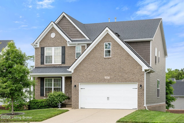 18007 Ellerslie Dr, Louisville, KY 40245 - view of front of house with brick siding, driveway, a garage, a front lawn, and a shingled roof