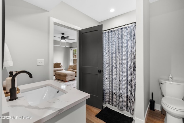2070 Tonieville Rd, Hodgenville, KY 42748 - bathroom featuring vanity, wood finished floors, a ceiling fan, a shower with curtain, and recessed lighting