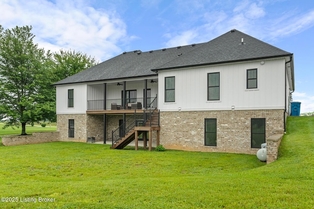 2070 Tonieville Rd, Hodgenville, KY 42748 - back of property featuring a ceiling fan, stairway, a lawn, and roof with shingles