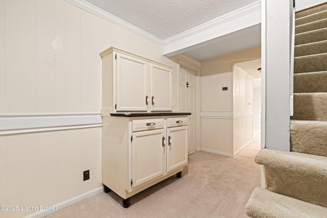10505 Kovats Ct, Louisville, KY 40223 - bar area with light carpet, stairs, ornamental molding, and a textured ceiling