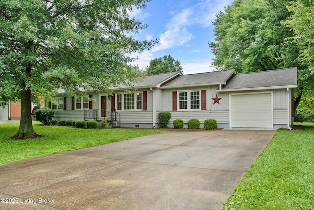 85 Joseph Ave, Cecilia, KY 42724 - ranch-style house with a garage, concrete driveway, a front lawn, crawl space, and board and batten siding