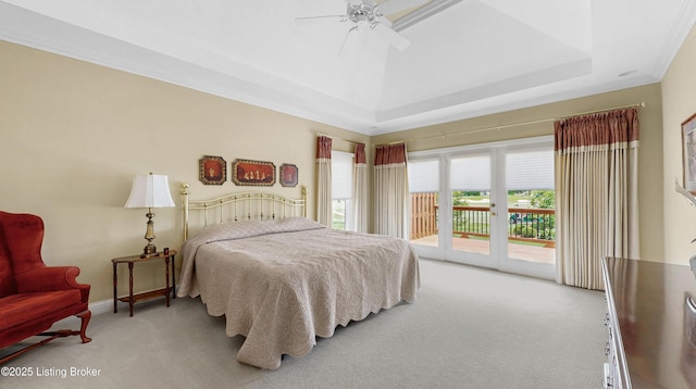 2221 Highland Springs Pl, Louisville, KY 40245 - bedroom featuring light carpet, access to outside, a raised ceiling, and a ceiling fan