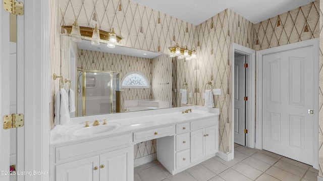 2221 Highland Springs Pl, Louisville, KY 40245 - full bathroom featuring wallpapered walls, a shower stall, a bath, tile patterned floors, and double vanity