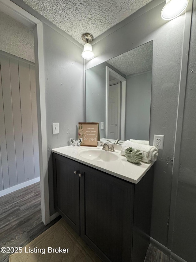 2130 Rabbit Run Rd, Vine Grove, KY 40175 - bathroom featuring a textured ceiling, vanity, and wood finished floors